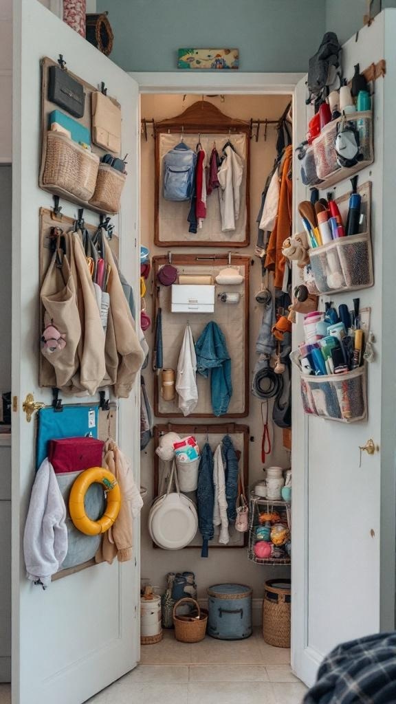 A well-organized closet with hanging organizers on the doors and shelves, showcasing various items.