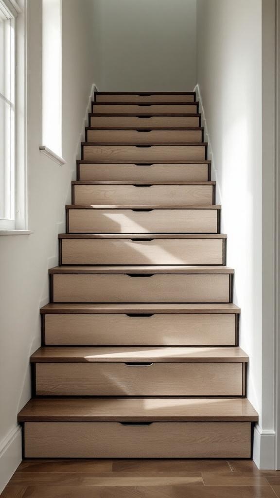 A staircase with built-in drawers for hidden storage.