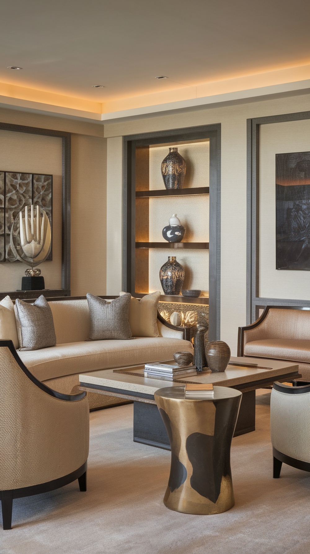 A luxurious living room featuring a stylish sofa, elegant pillows, a unique coffee table, and decorative vases on shelves.