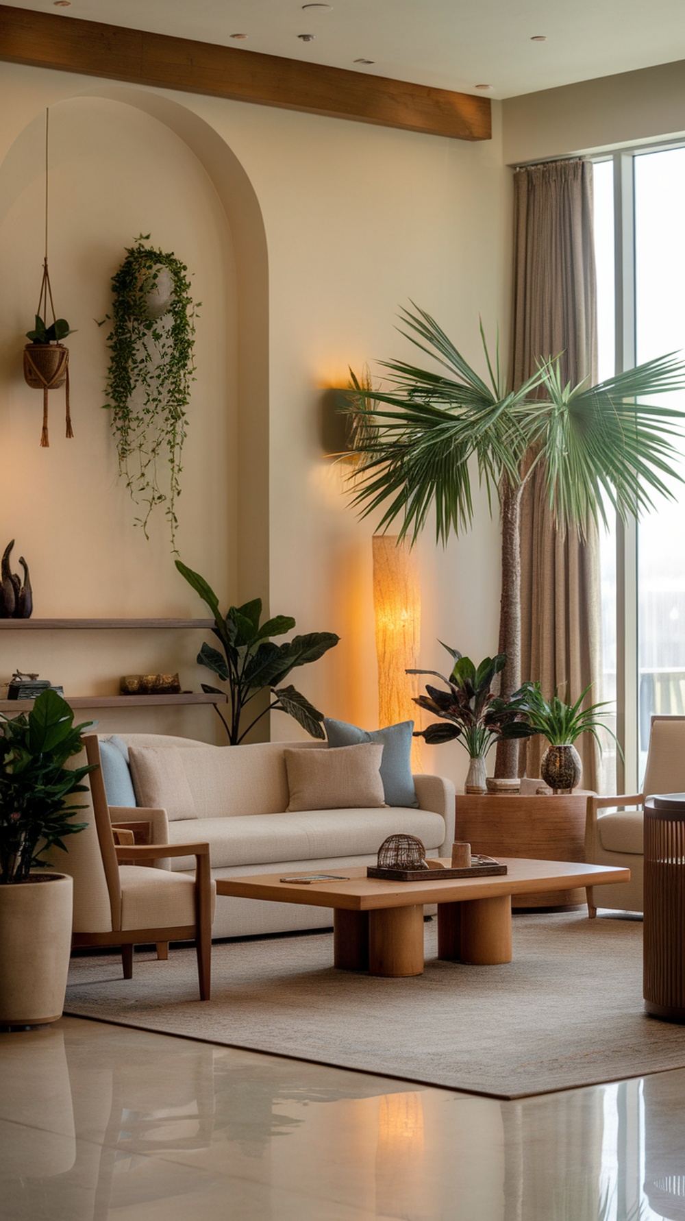 A serene living room featuring natural elements like plants and wooden furniture.