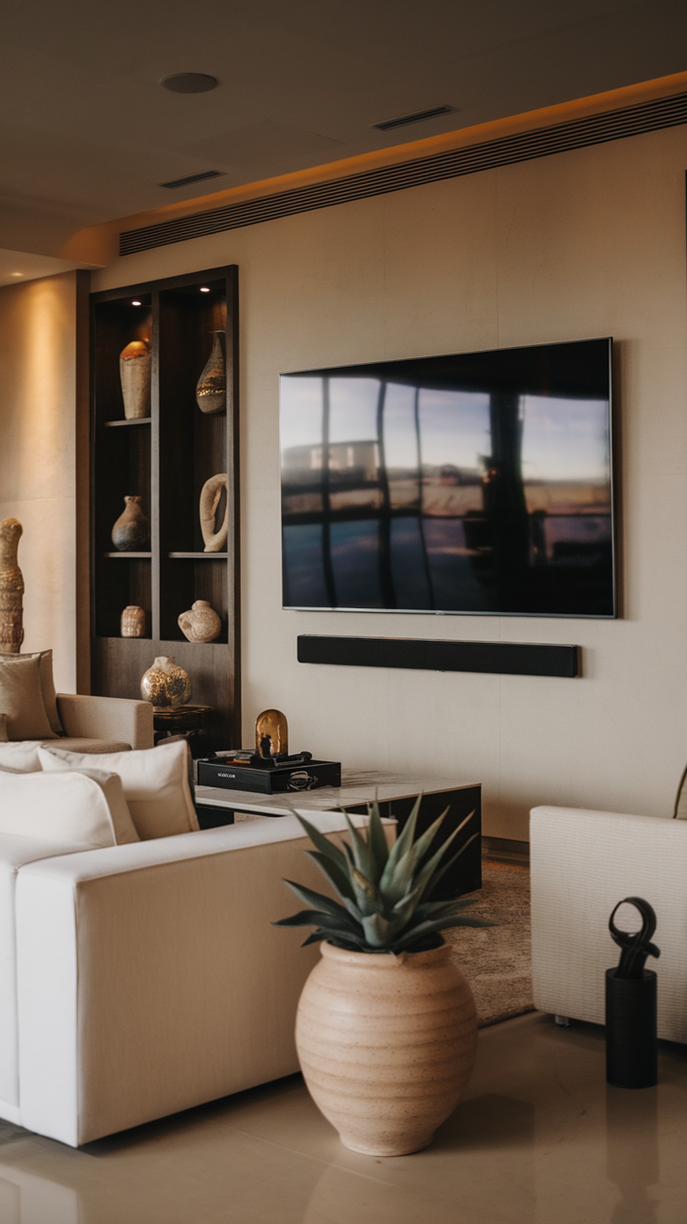 A modern luxury living room featuring a large TV, stylish furniture, and decorative elements.