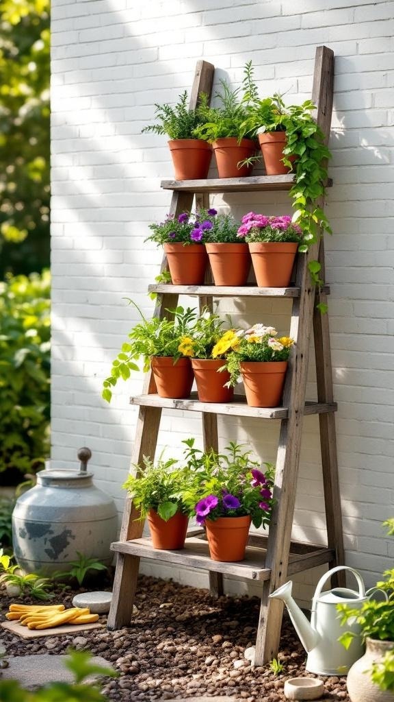 A wooden ladder planter with various pots of flowers and herbs, showcasing a creative use of vertical space.