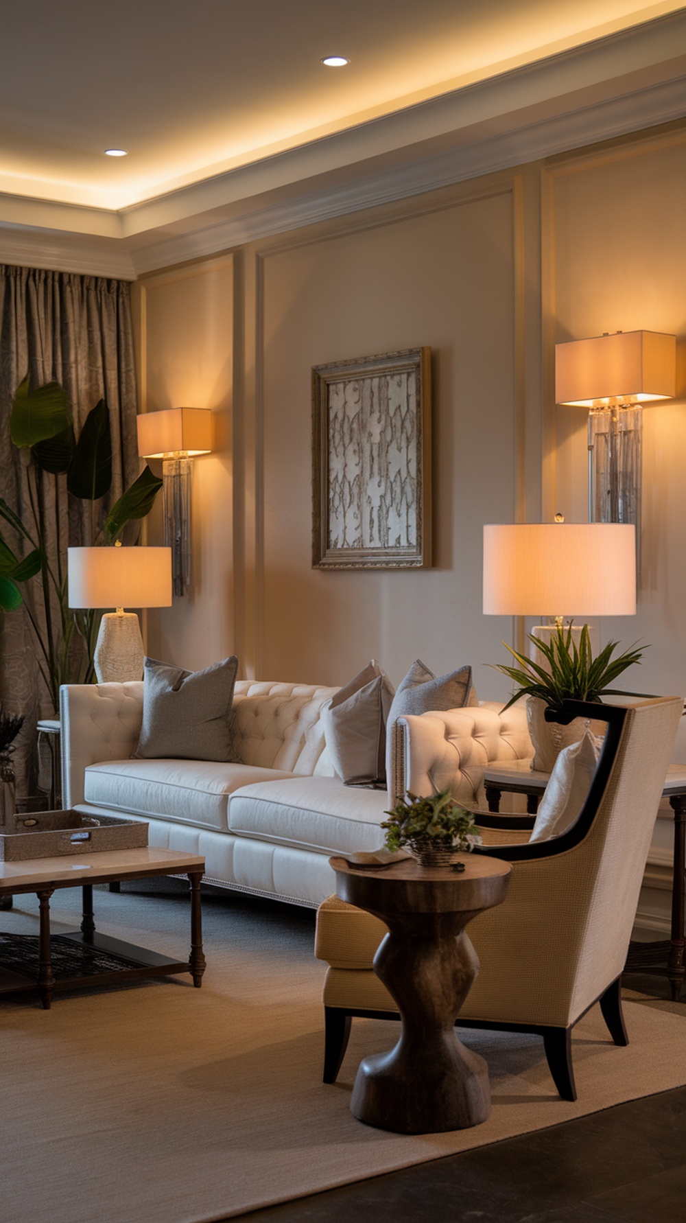 A luxurious living room featuring layered lighting with wall sconces, table lamps, and recessed ceiling lights.