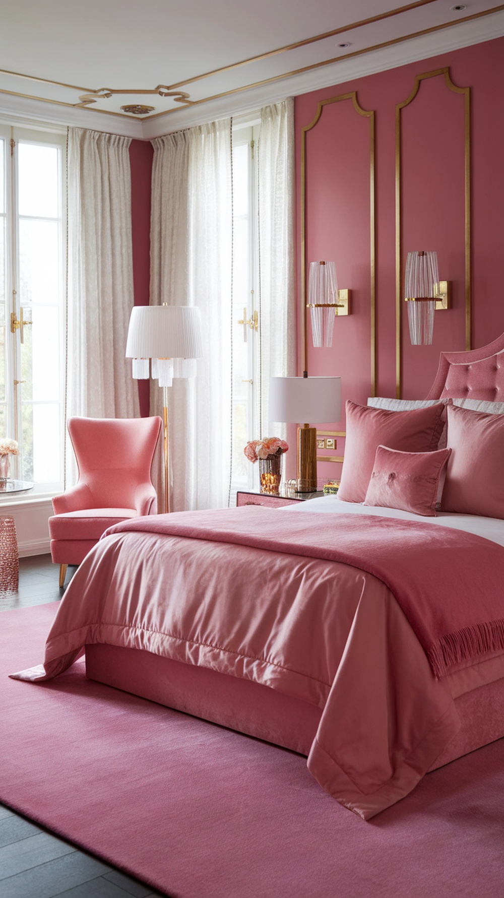A luxurious pink bedroom featuring pink wallpaper, a plush bedspread, and soft curtains.