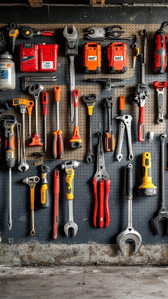 A wall organized with various tools hung on a pegboard, showcasing an effective tool organization method.