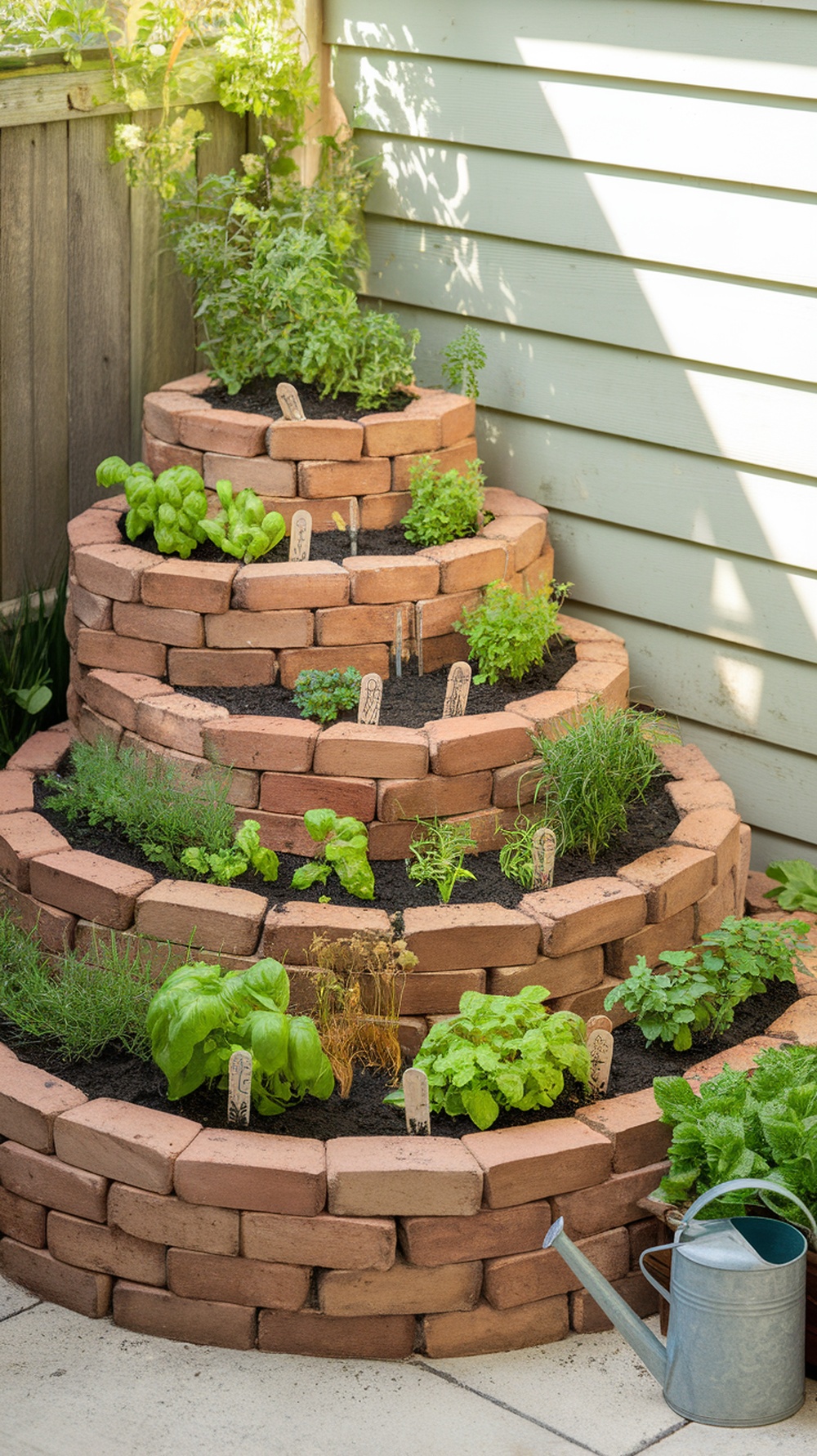 A miniature herb spiral filled with various herbs, showcasing a compact and efficient gardening solution.