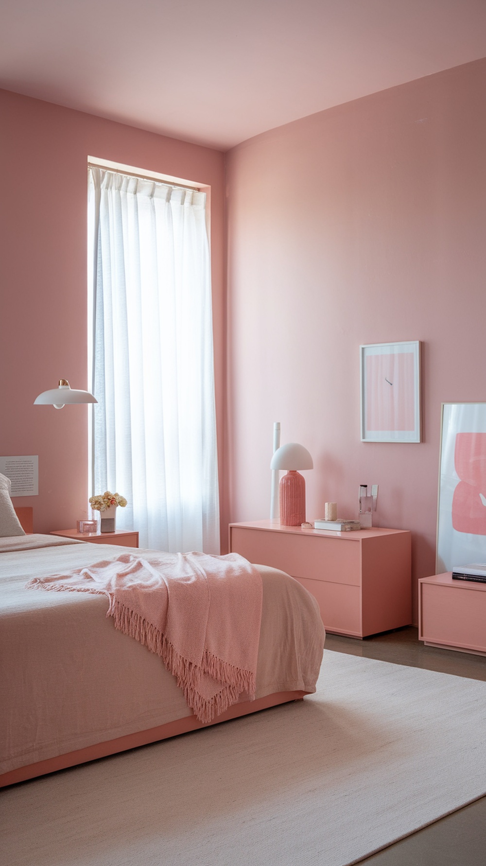 A minimalist pink bedroom featuring soft pink walls, a cozy bed with a pink blanket, and simple furniture.