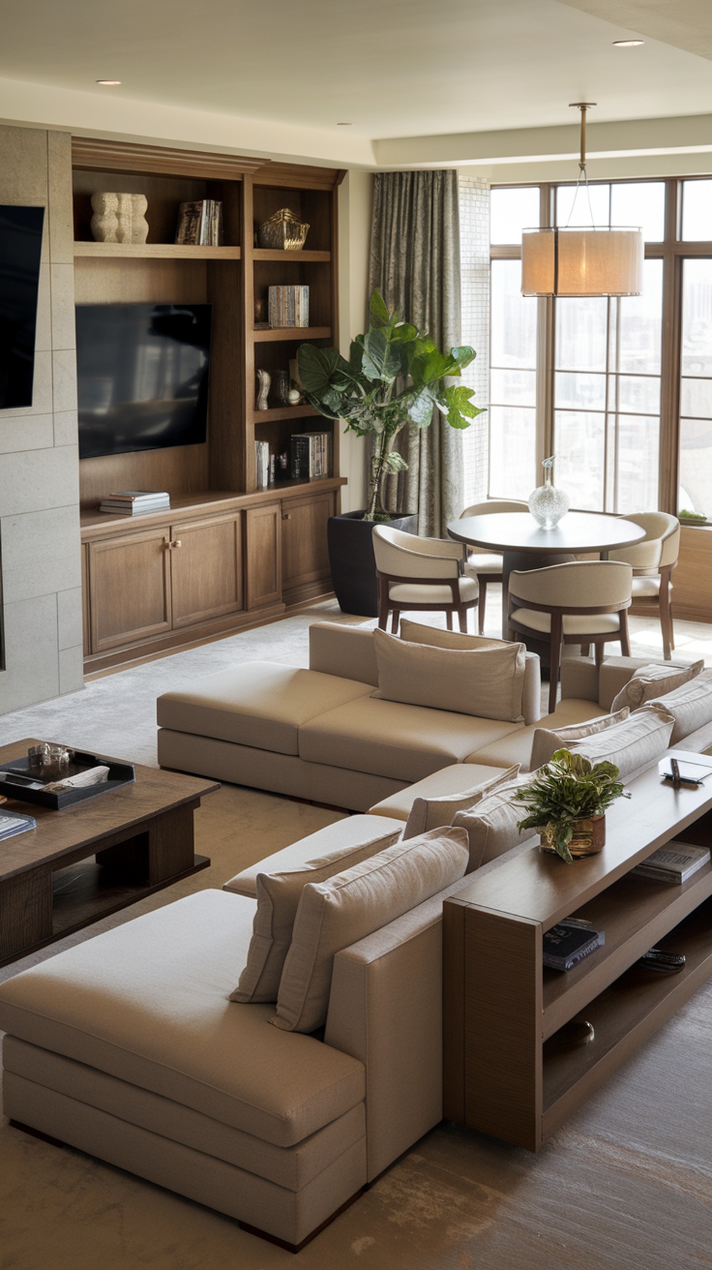 A luxury living room featuring a sectional sofa, a wooden coffee table, a dining area, and large windows with natural light.