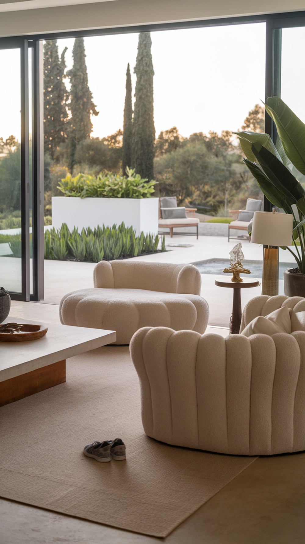 A modern living room with large glass doors opening to an outdoor space, featuring soft furniture and plants.