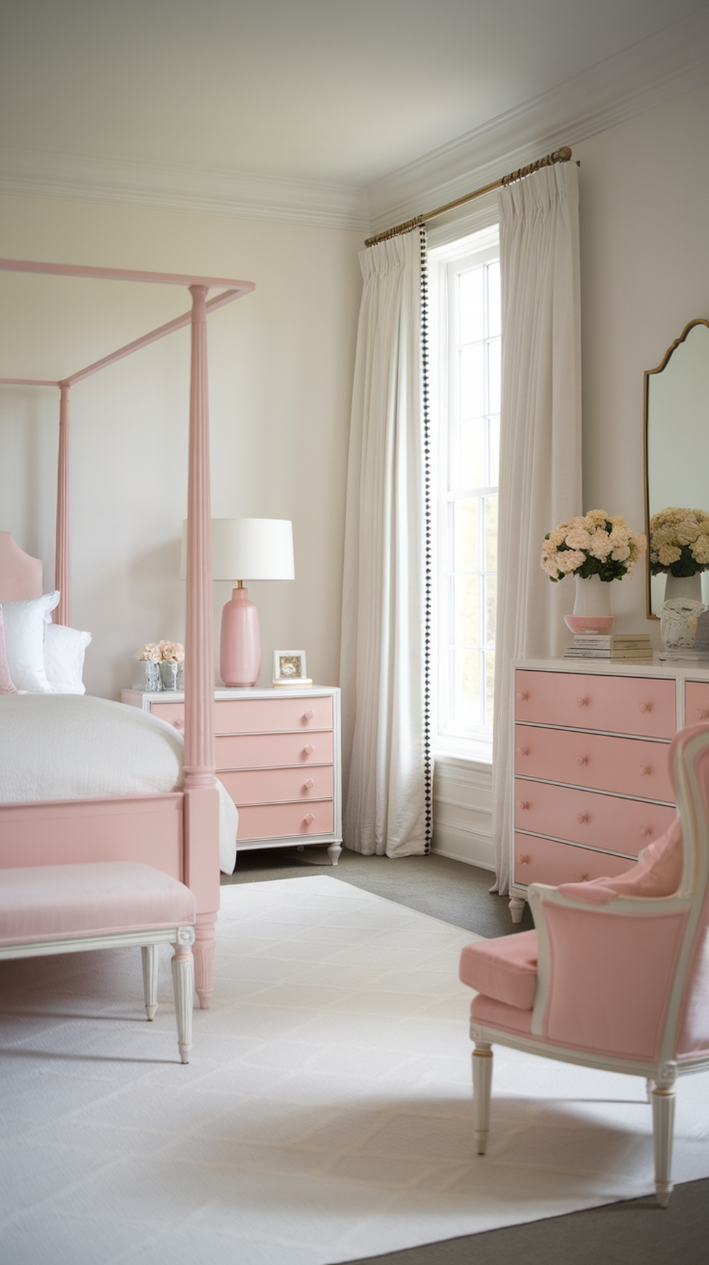 A pastel pink and white bedroom featuring a four-poster bed, pink furniture, and soft curtains.