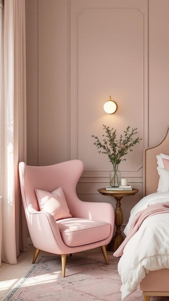 Two pink accent chairs in a cozy bedroom setting