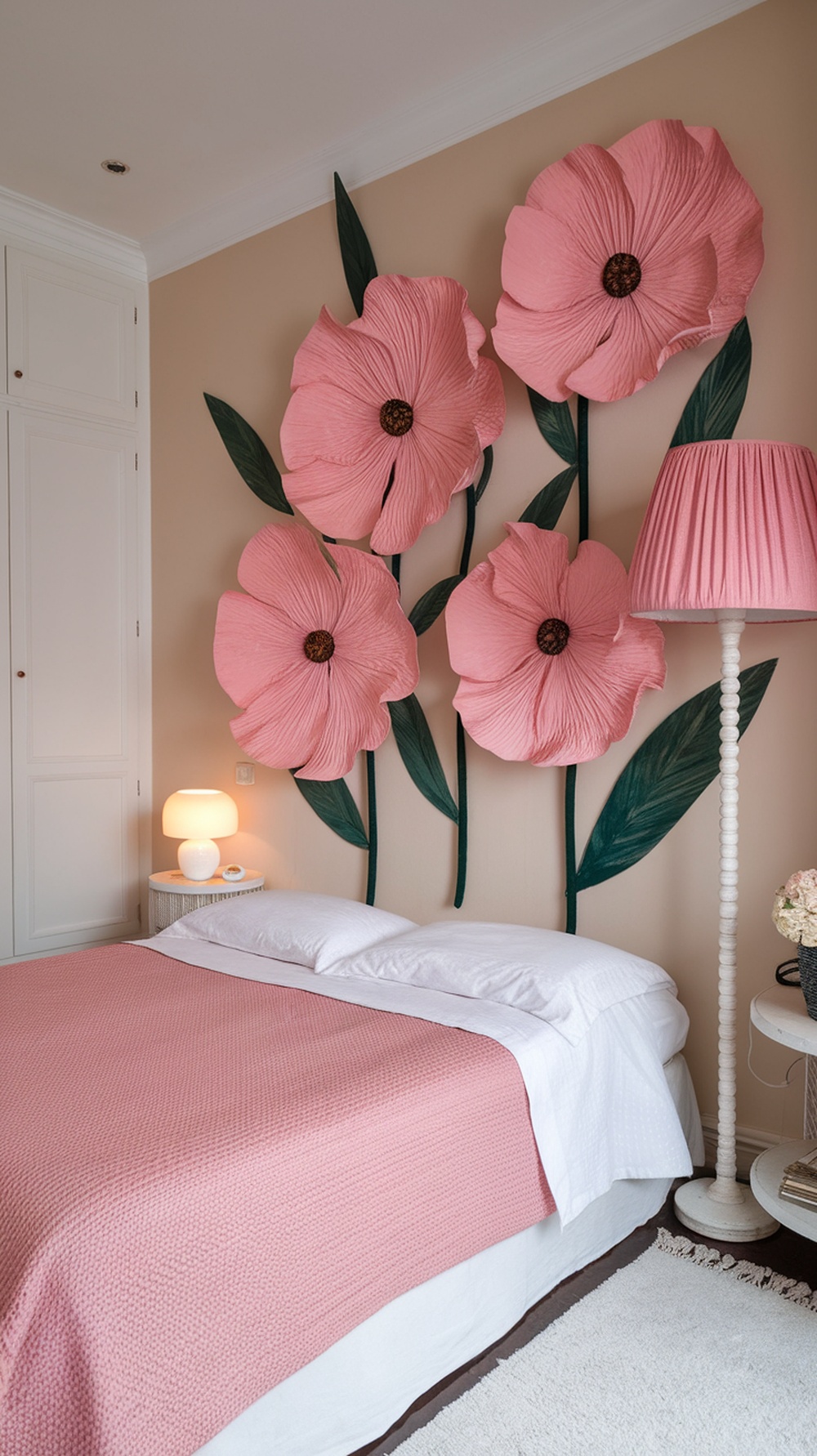 A pink accent wall art featuring oversized flowers in a cozy bedroom setting.