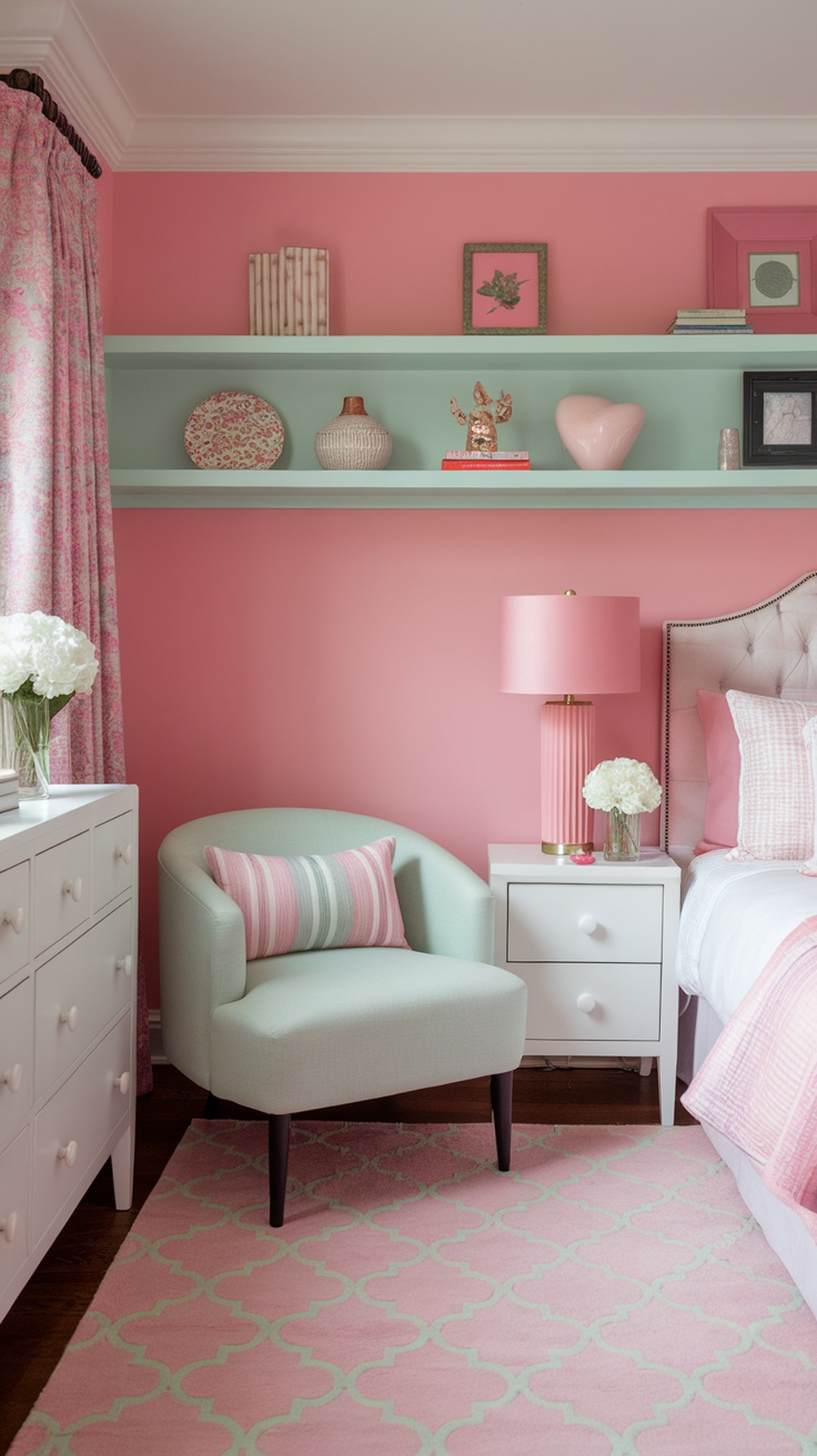 A cozy bedroom with pink wallpaper and mint green accents, featuring a mint green chair, pink lamp, and decorative items on shelves.
