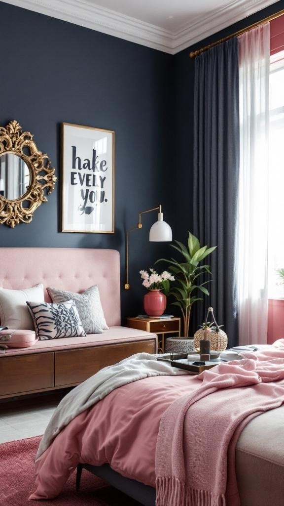 A stylish bedroom featuring pink and navy decor, with pink bedding and navy walls.