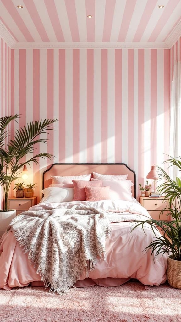 A pink bedroom with pink and white striped walls, featuring matching furniture and decor.