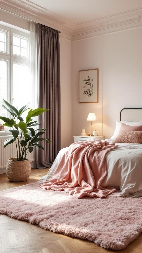 A cozy pink area rug in a stylish bedroom with pastel decor.