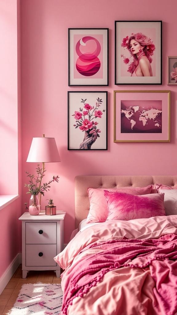 A pink bedroom featuring various pink artworks on the walls, a pink bed, and matching furniture.