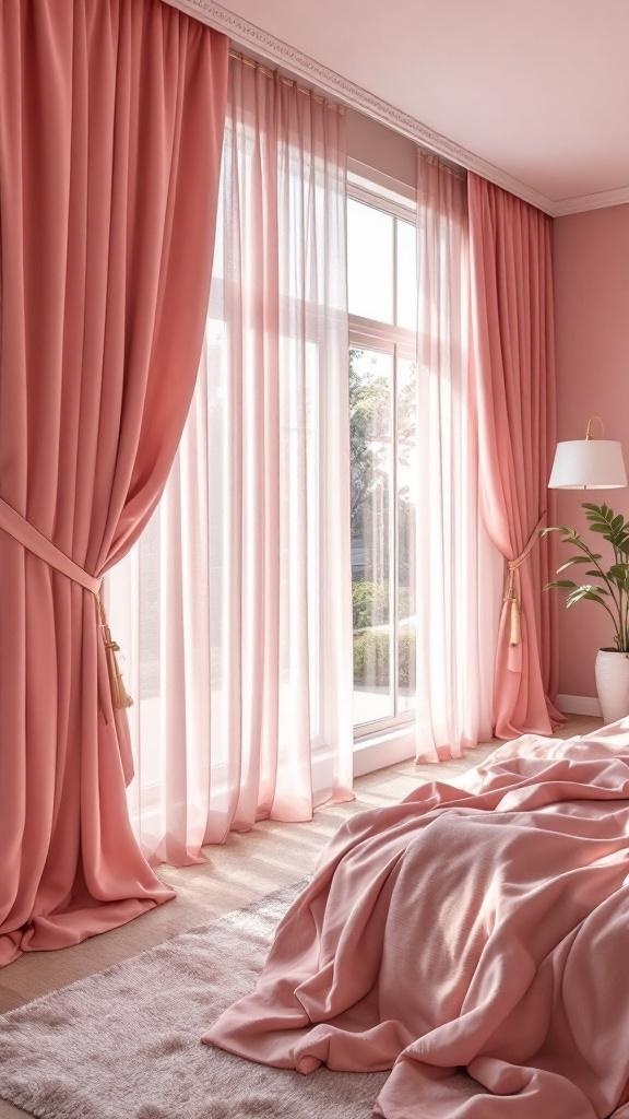 A beautifully decorated pink bedroom featuring elegant pink curtains and drapes, a cozy bed with pink bedding, and a matching rug.