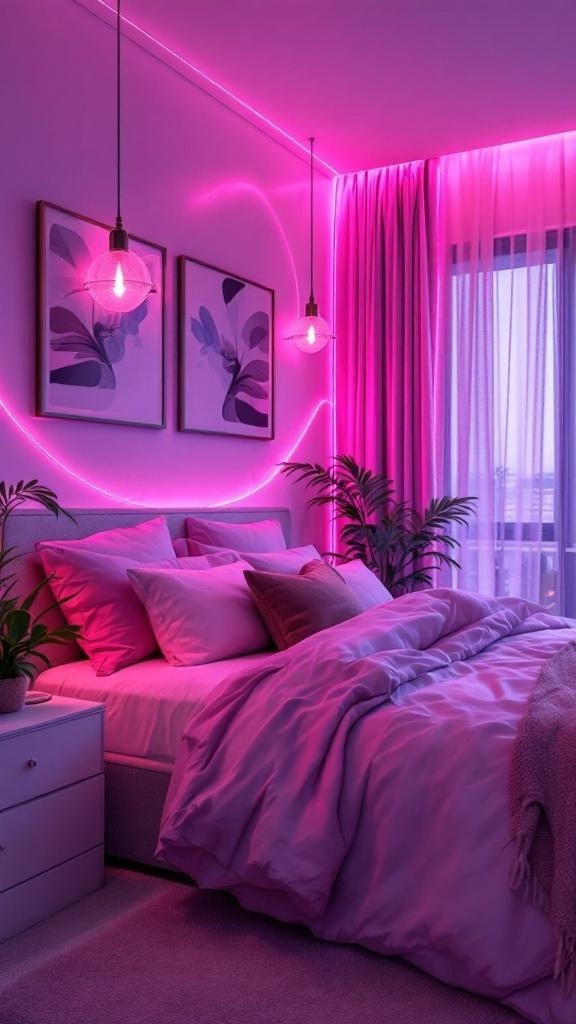 A pink lighting fixture in a stylish bedroom with pink aesthetic wallpaper and cozy decor.