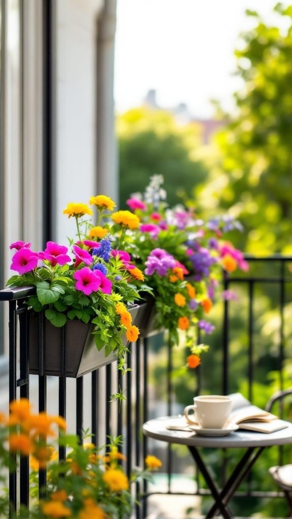 Colorful flowers in a rail planter on a balcony with a city view