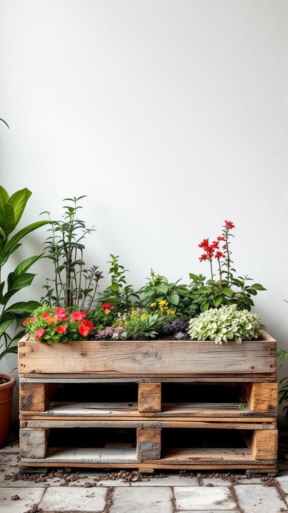 A repurposed wooden pallet filled with colorful flowers, showcasing a creative garden bed idea.