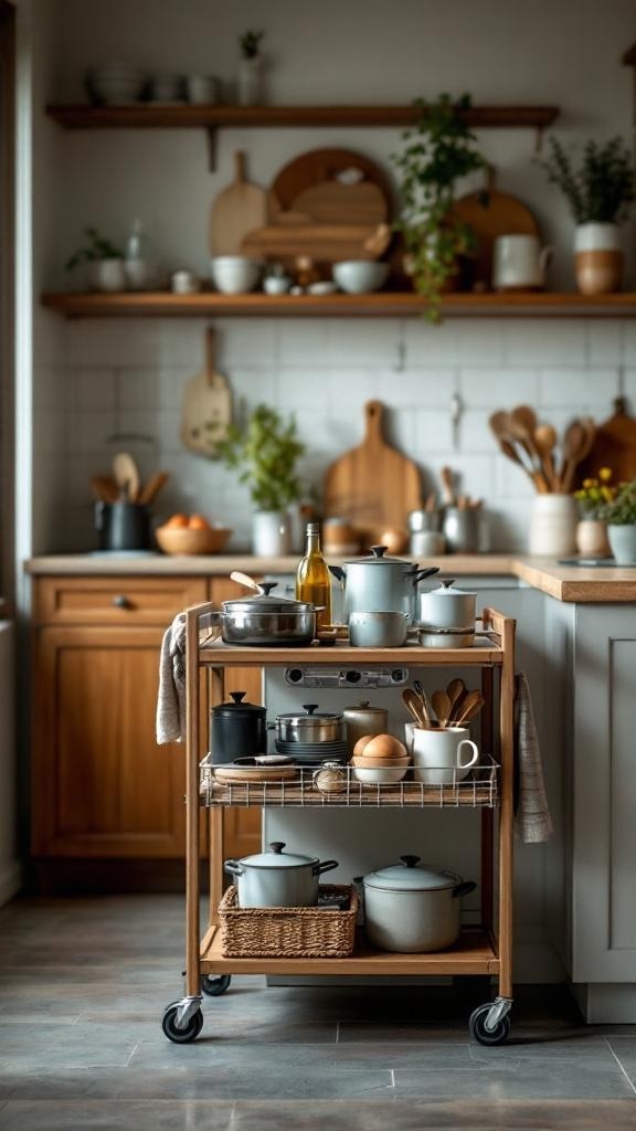 A wooden rolling cart filled with kitchen pots, pans, and decorative items, set in a cozy kitchen.