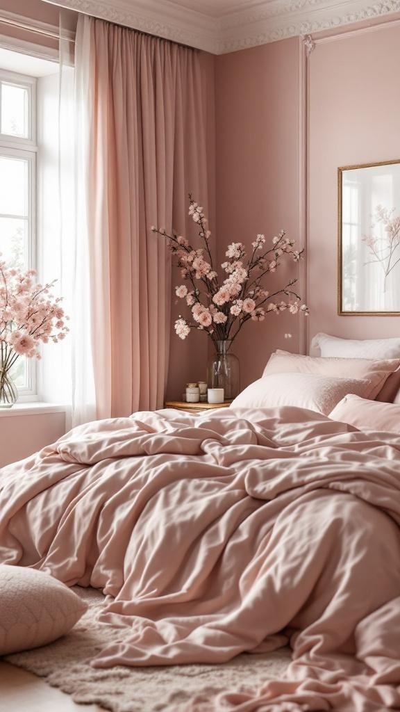 A romantic pink bedroom featuring a pink bed, canopy, and decorative crystal.