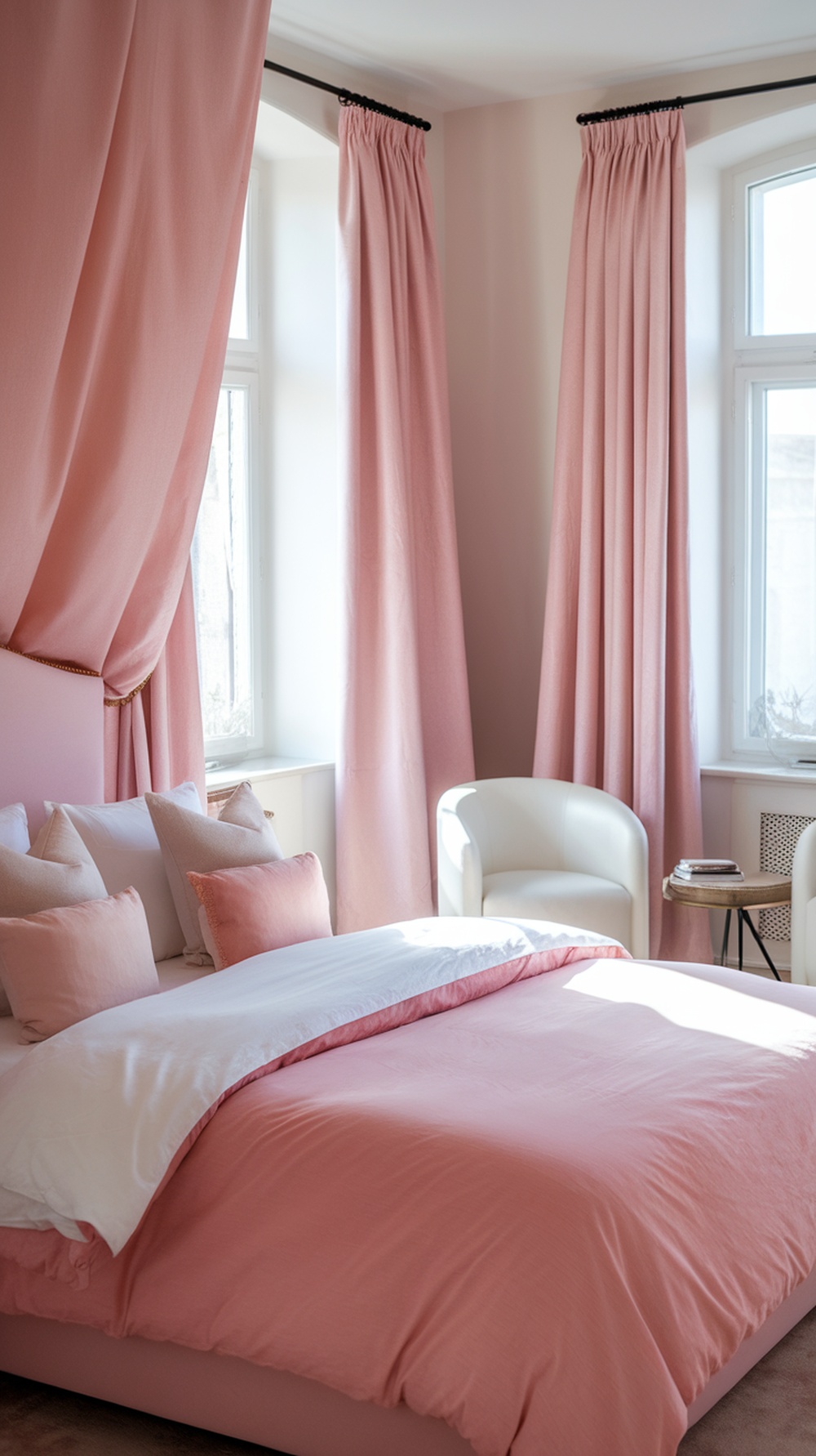 A soft blush pink bedroom featuring pink wallpaper, matching curtains, and a cozy bed with plush pillows.