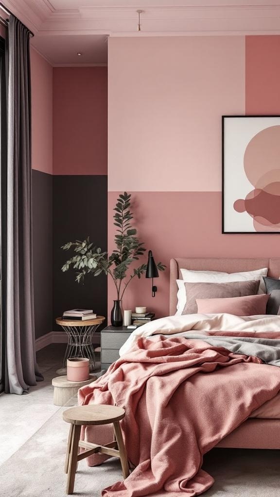 A pink bedroom featuring color-blocked walls, a white bed, and modern decor.