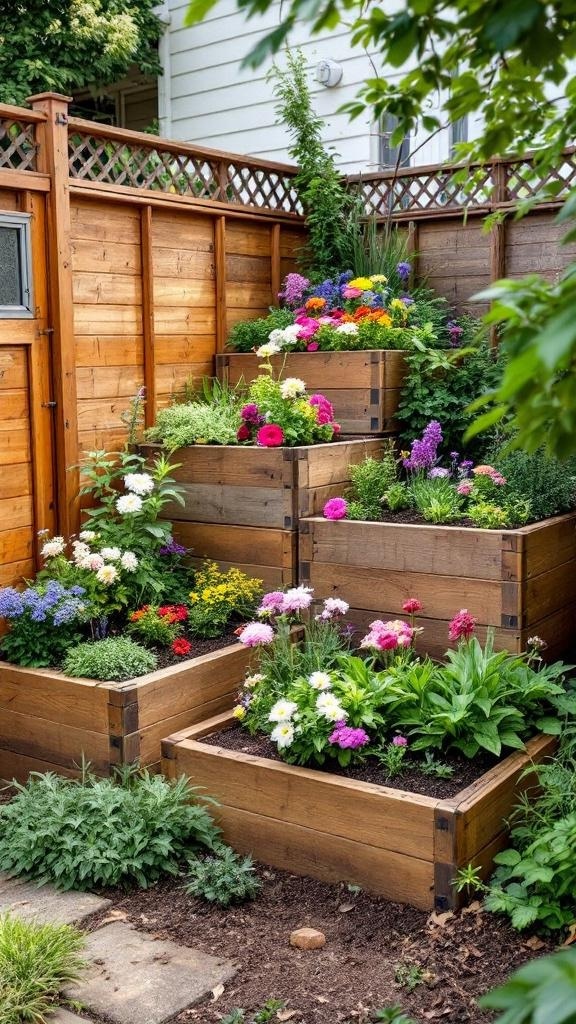 A garden featuring stacked wooden boxes filled with colorful flowers.