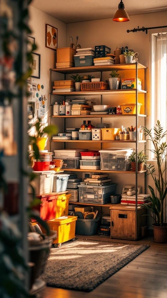 A well-organized shelving unit filled with colorful storage bins, plants, and various items, showcasing effective use of a corner space.