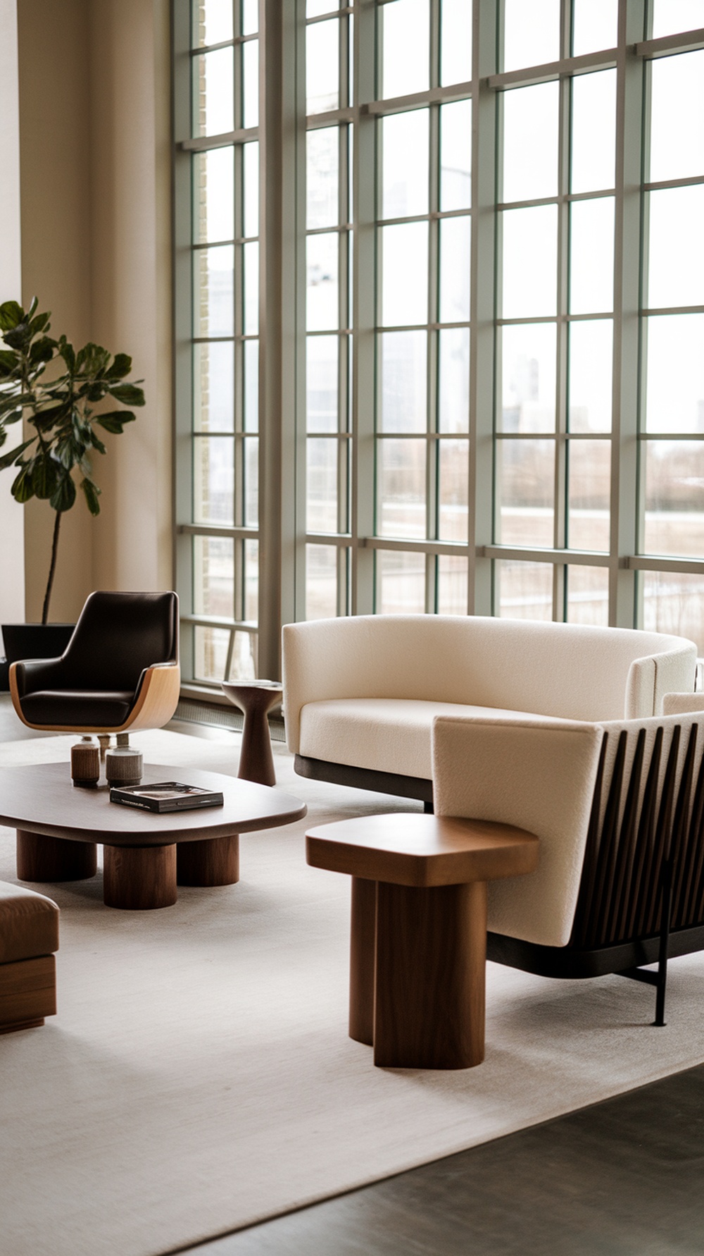 A stylish living room with a cozy sofa, modern chairs, and large windows.