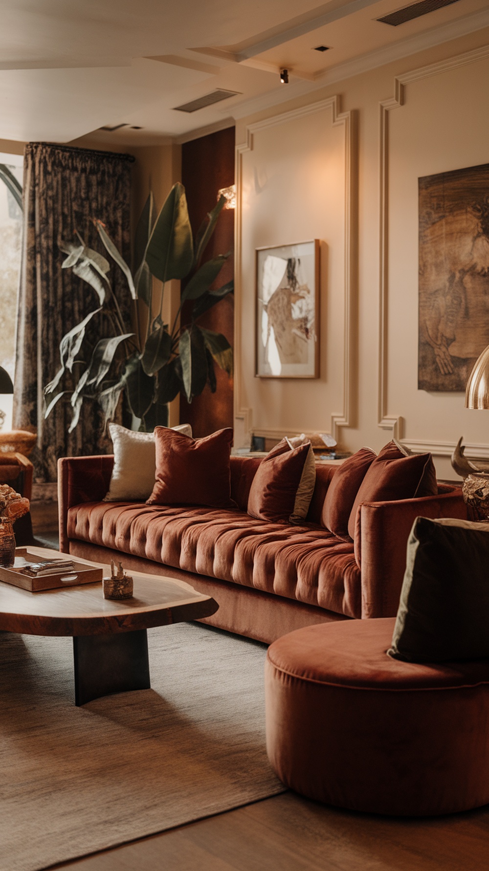 A luxurious living room featuring a plush velvet sofa, decorative cushions, and elegant curtains.