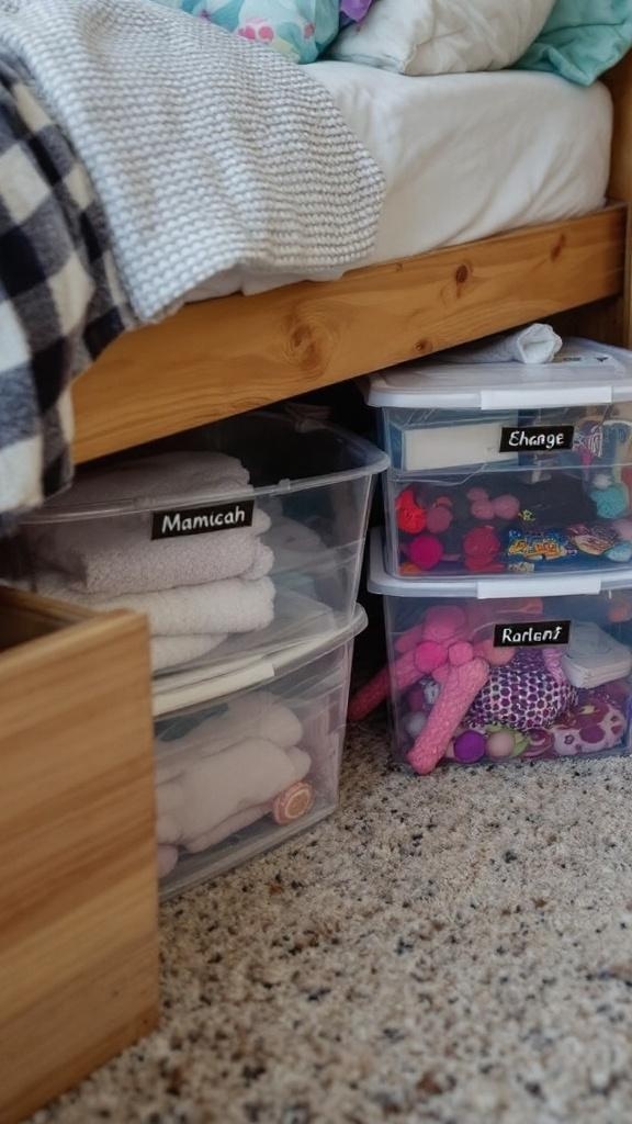 Under-bed storage with labeled bins and a wooden box