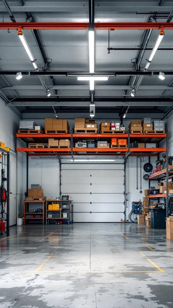 A garage with high shelves filled with boxes and organized storage.