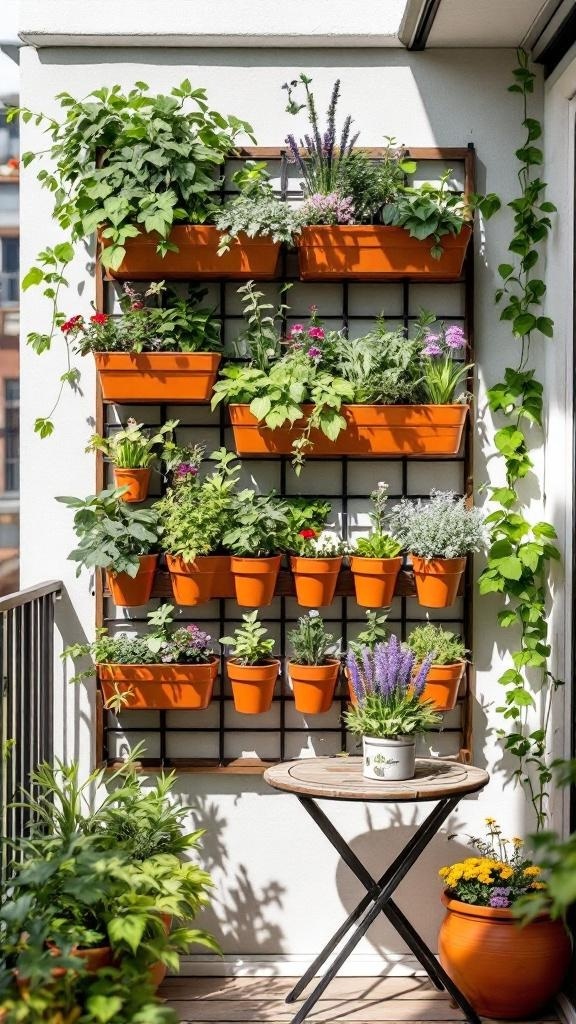 Vertical planters with herbs on a balcony