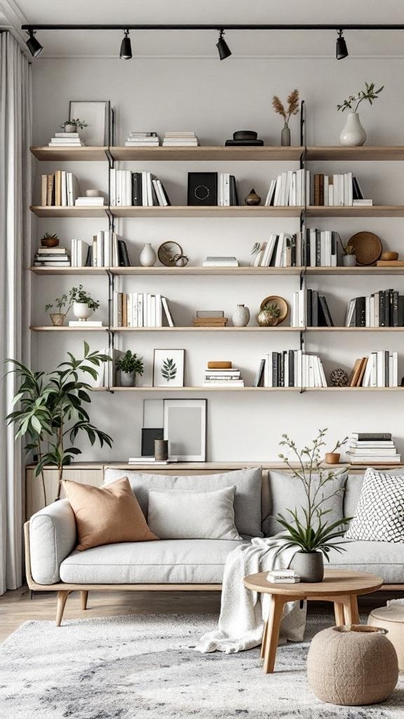 A modern living room featuring wall-mounted shelves filled with books and decorative items, complemented by a cozy sofa and plants.