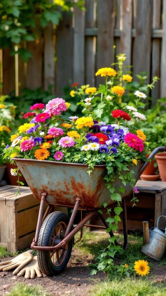 A rustic wheelbarrow filled with colorful flowers in a garden setting.