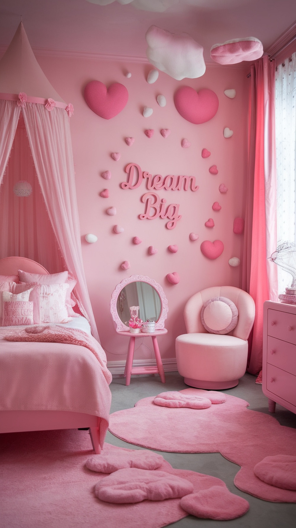 A whimsical pink bedroom with heart-shaped decor and soft furnishings.
