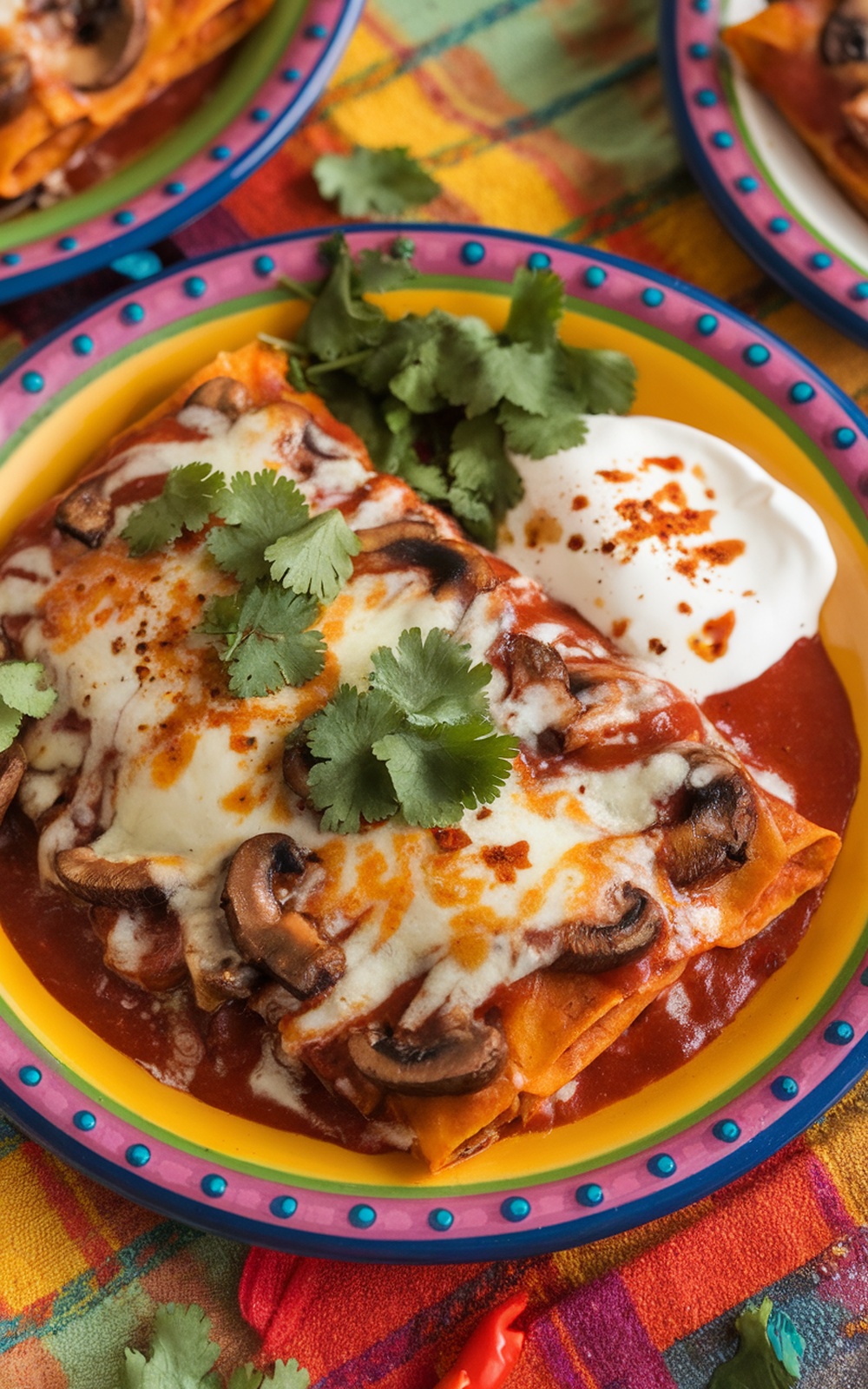 Mushroom enchiladas topped with red sauce and cheese, garnished with cilantro on a colorful plate.