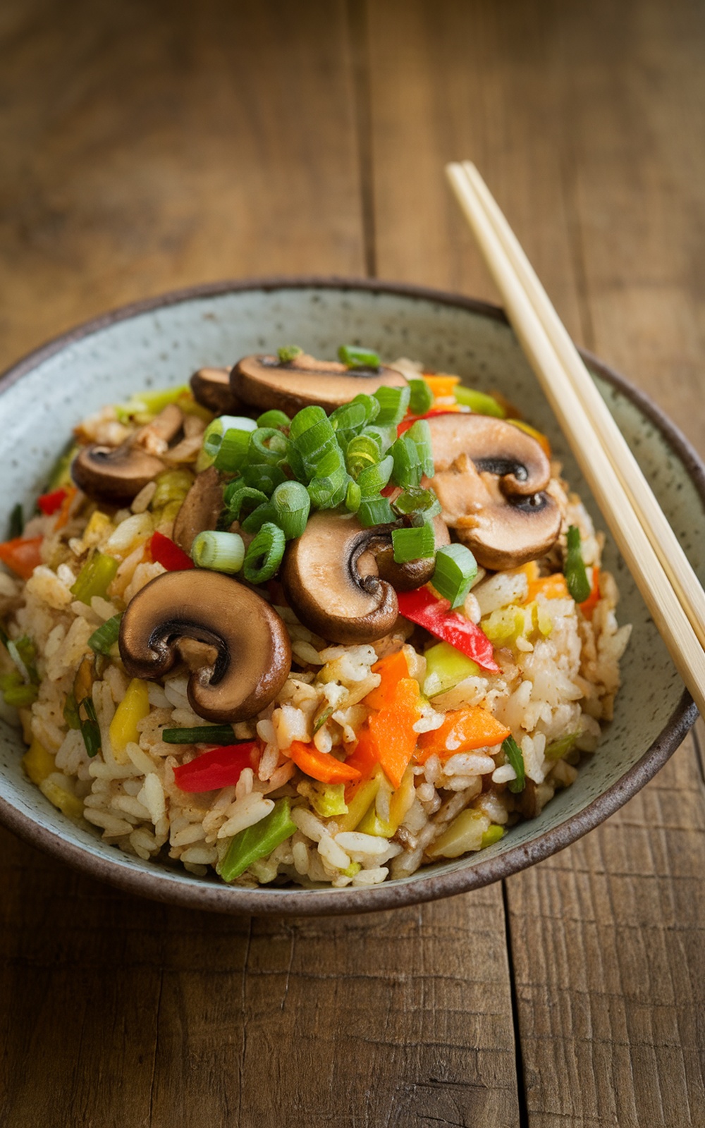 A bowl of garlic ginger mushroom fried rice with shiitake mushrooms and vegetables, garnished with green onions.
