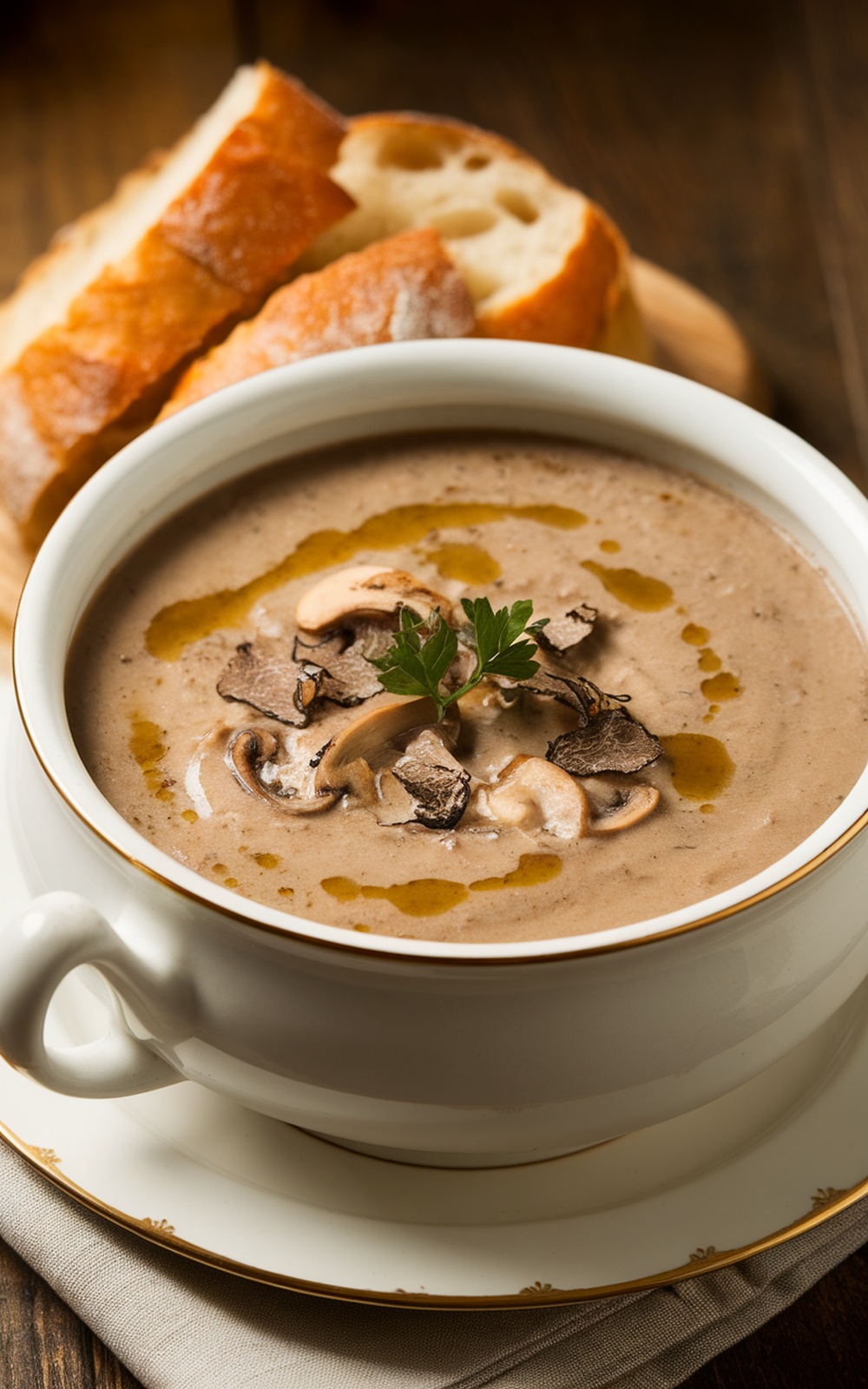 A bowl of creamy mushroom bisque garnished with parsley and truffle oil, served with crusty bread.