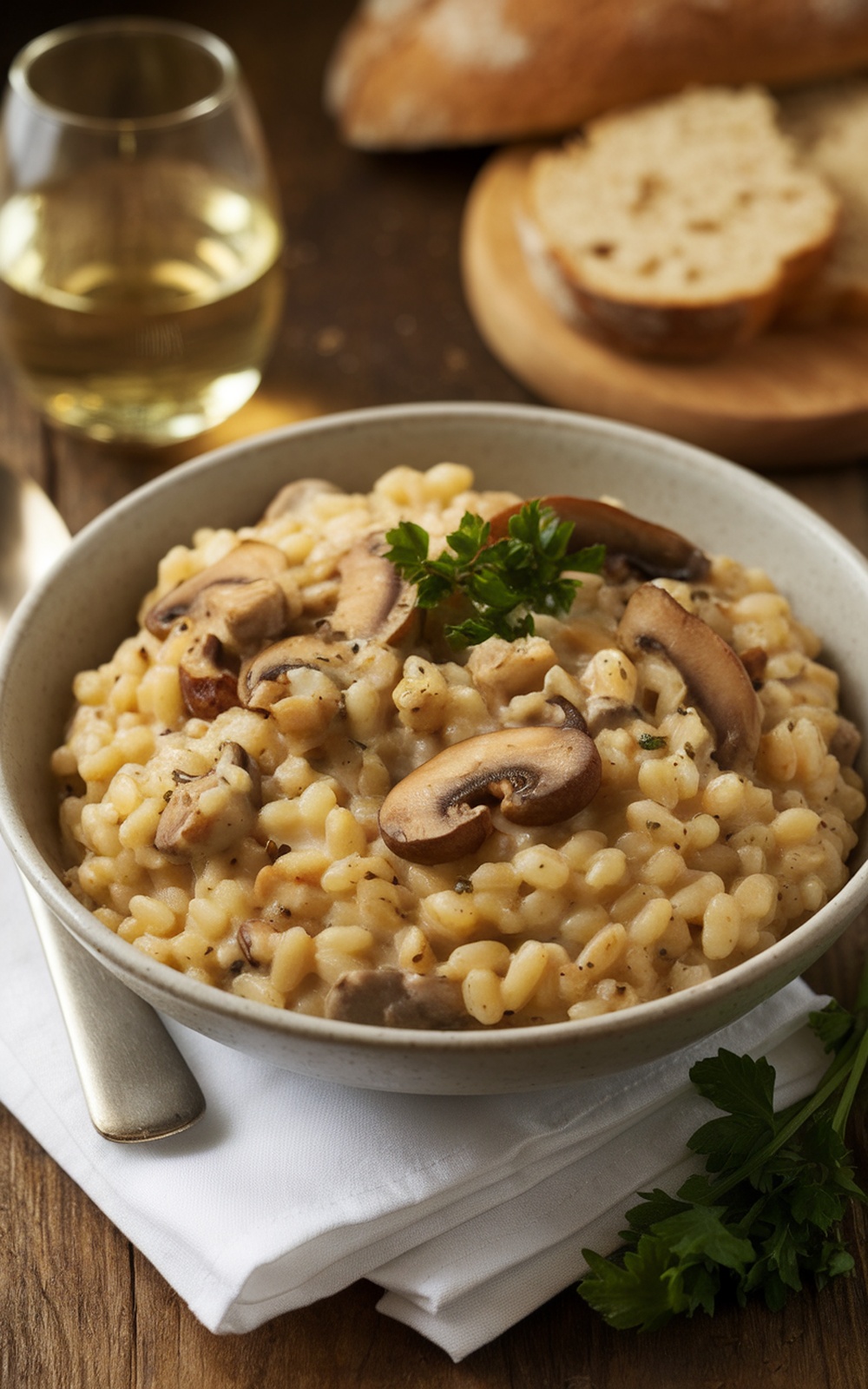Creamy mushroom and barley risotto in a bowl, garnished with parsley, with a glass of white wine and bread on a rustic table.