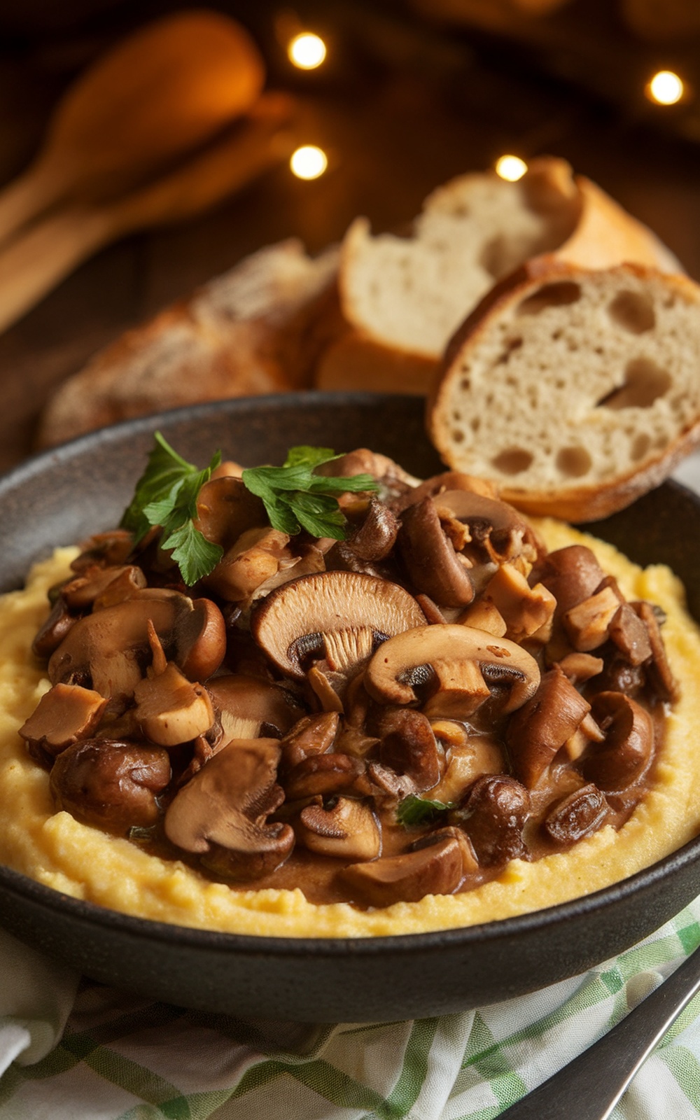 A bowl of mushroom ragout with polenta and bread, garnished with parsley, in a cozy kitchen.