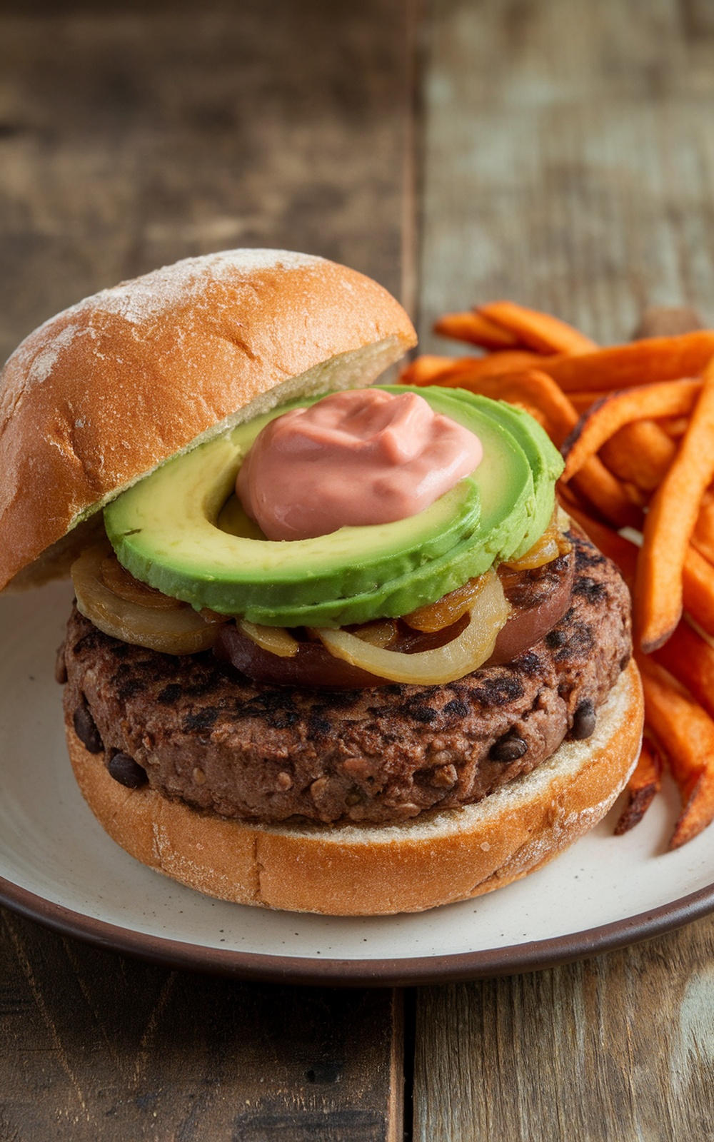 A black bean mushroom burger with avocado and caramelized onions on a whole grain bun, served with sweet potato fries.
