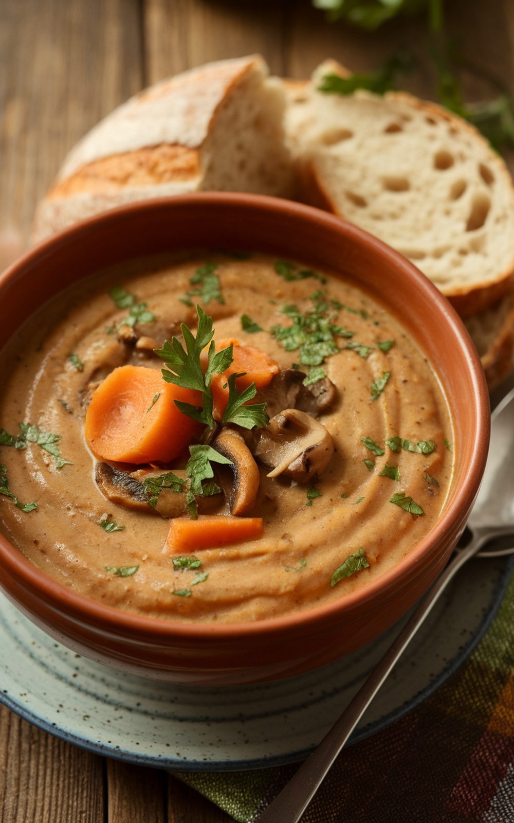 A bowl of carrot and mushroom soup garnished with parsley, with a slice of bread on the side.