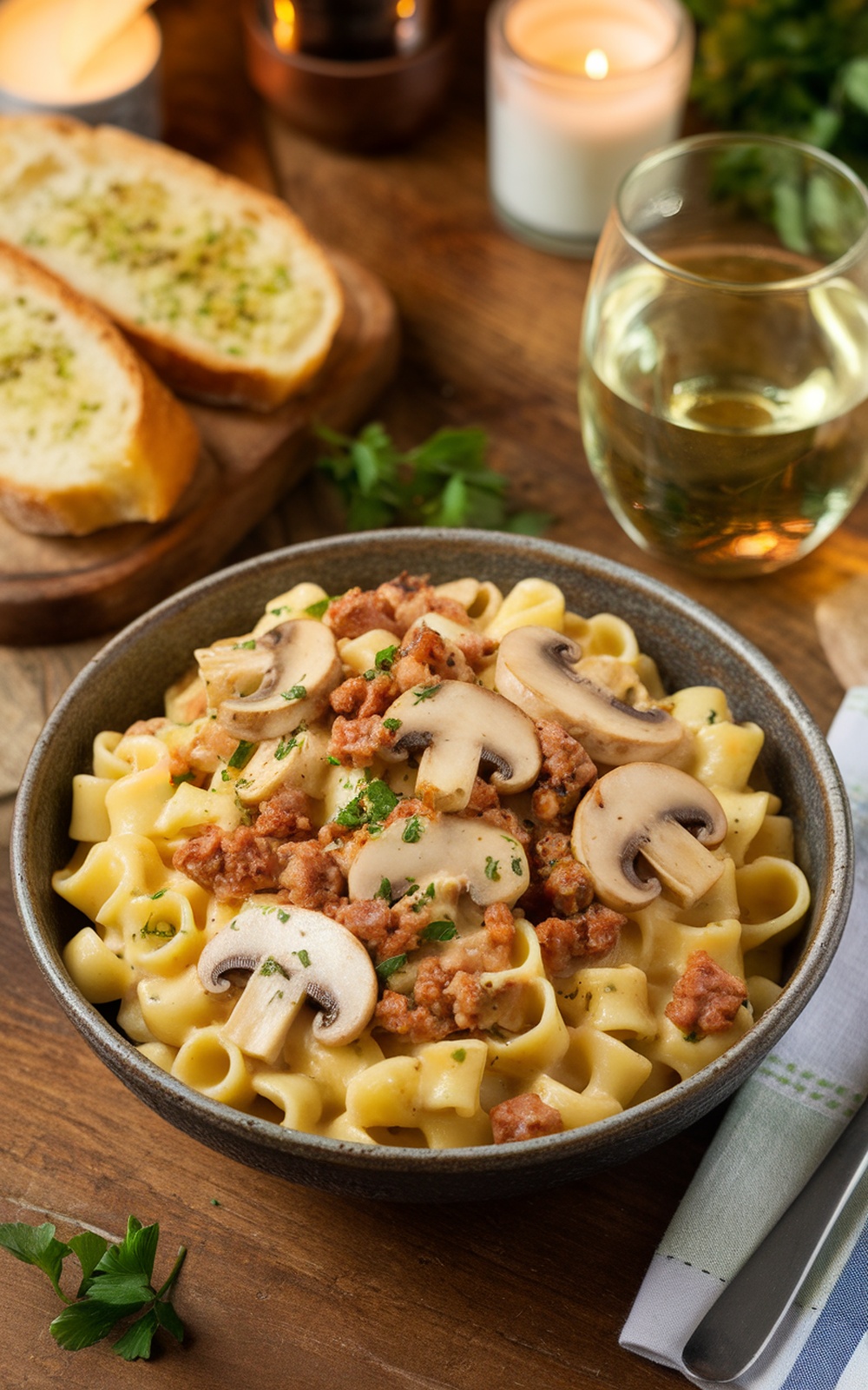 Creamy mushroom and sausage pasta in a bowl, garnished with parsley, with garlic bread and wine on the side.