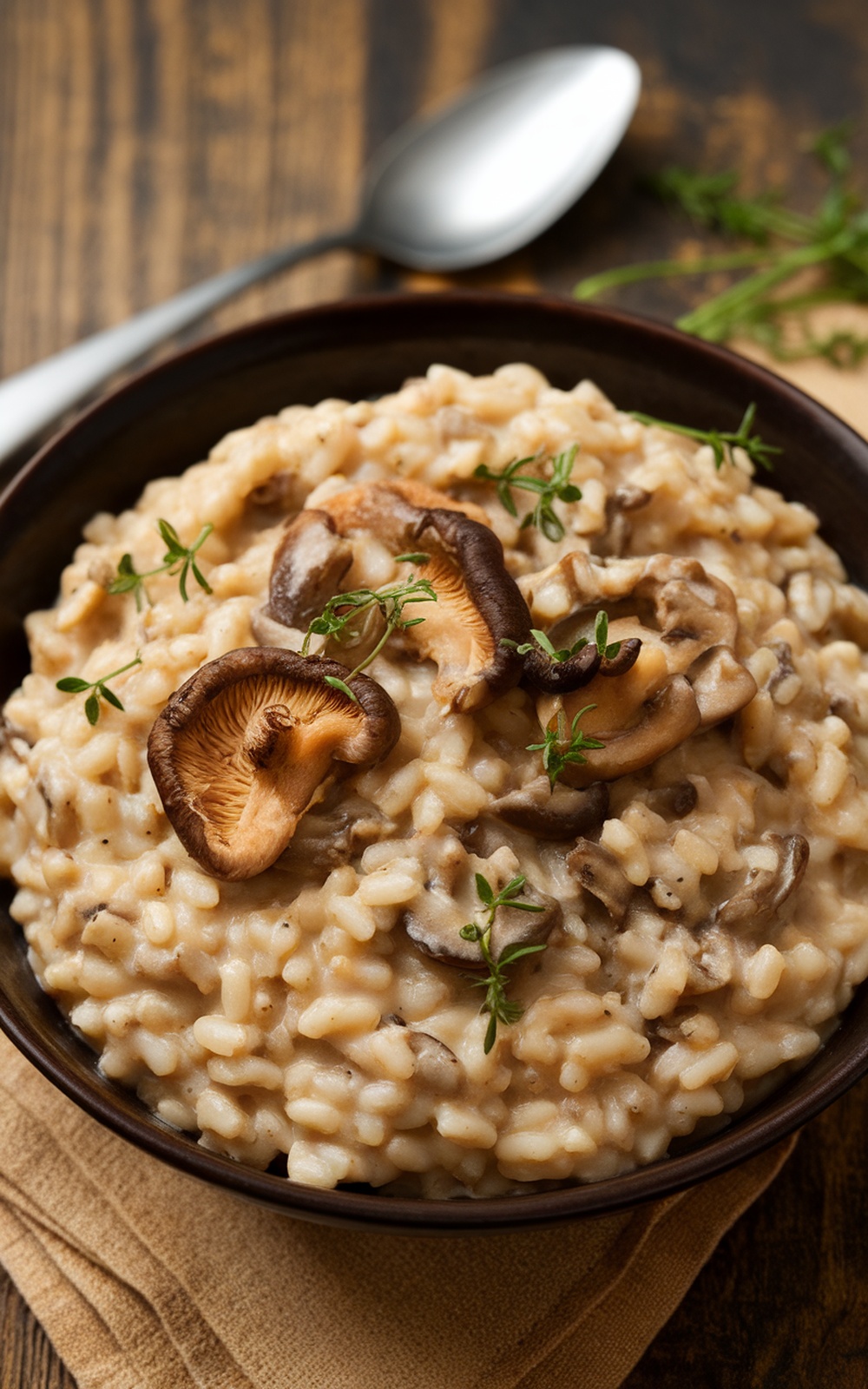 A bowl of farro mushroom risotto with shiitake mushrooms and herbs on a rustic wooden table.