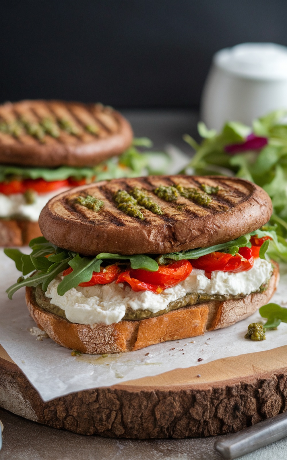 Grilled portabella mushroom sandwich with arugula, roasted red peppers, goat cheese, and pesto on artisan bread.