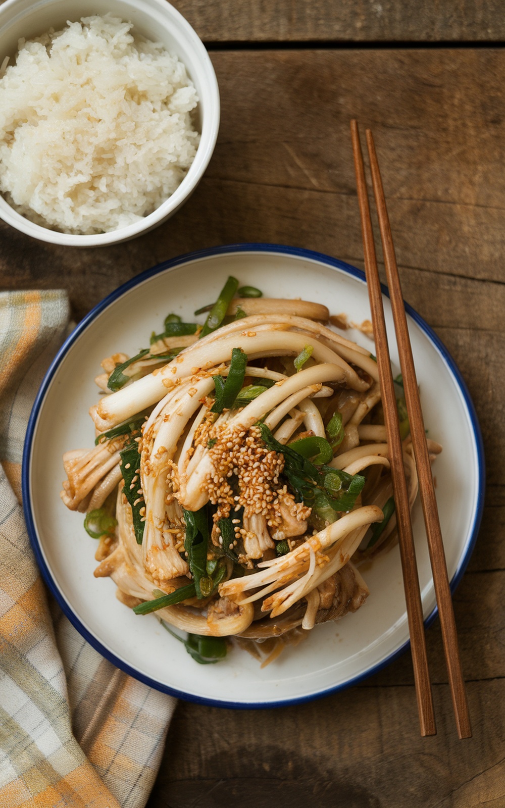 Korean enoki mushroom stir-fry with garlic and green onions, served with rice.